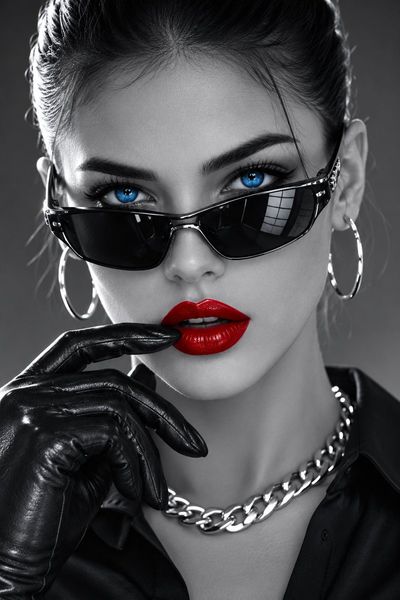 A serious woman in sleek bun poses with gloved hand near lips