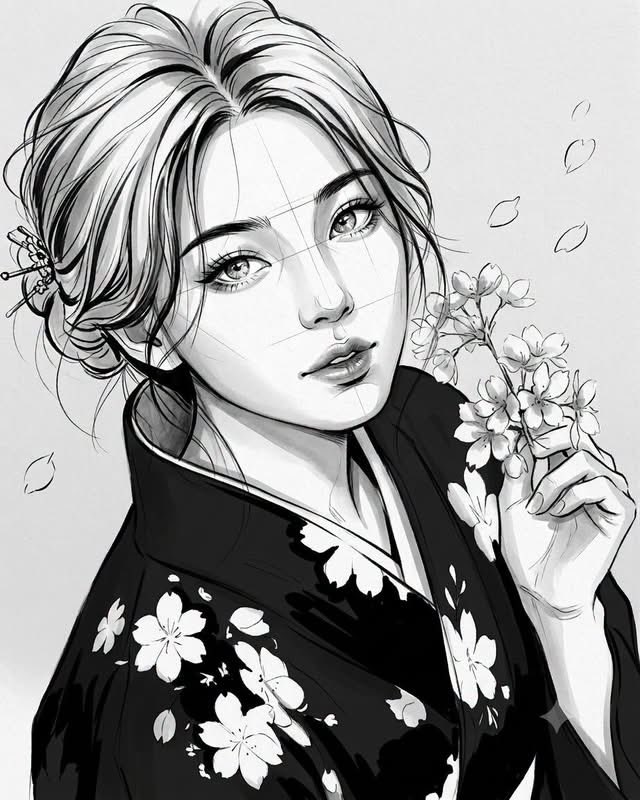Elegant monochrome ink portrait with dynamic flowing hair lines