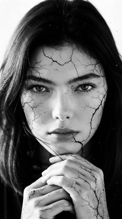 Cracked Porcelain Grace Revealed in Monochrome Portrait of a Woman