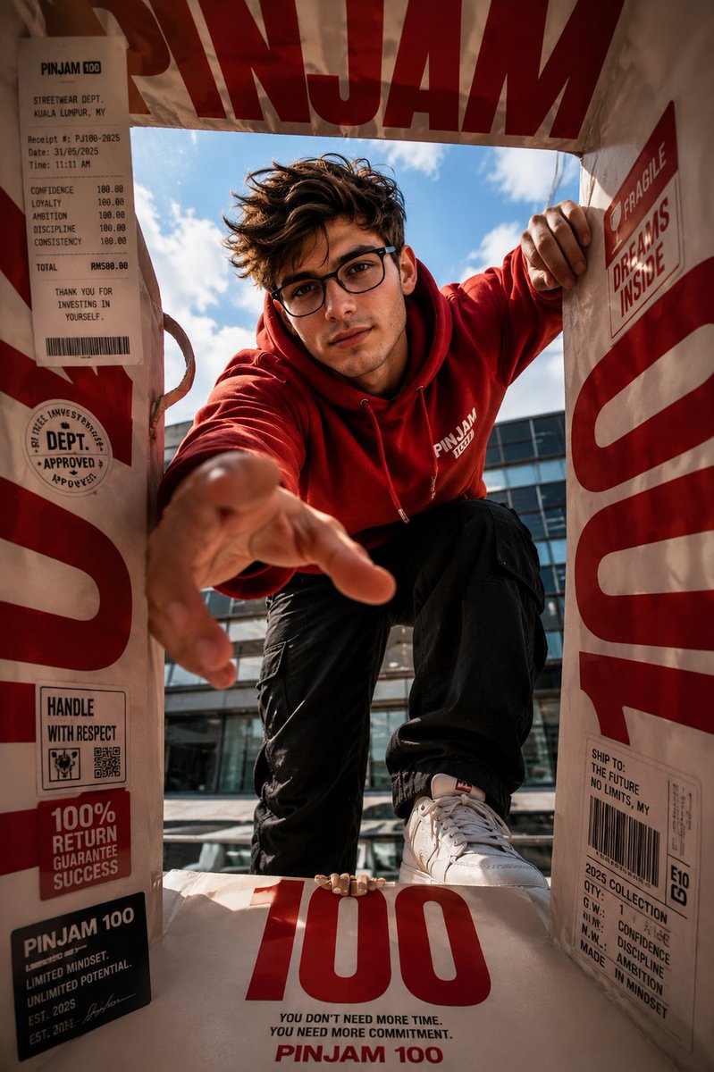 A young man in a red hoodie reaches from a branded box