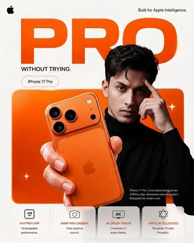 Confident model holds orange iPhone in minimalist ad