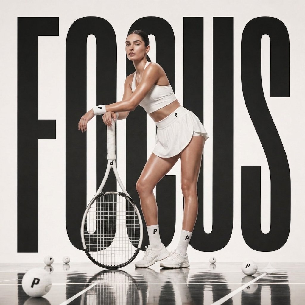 A confident tennis star poses beside an oversized racket sculpture