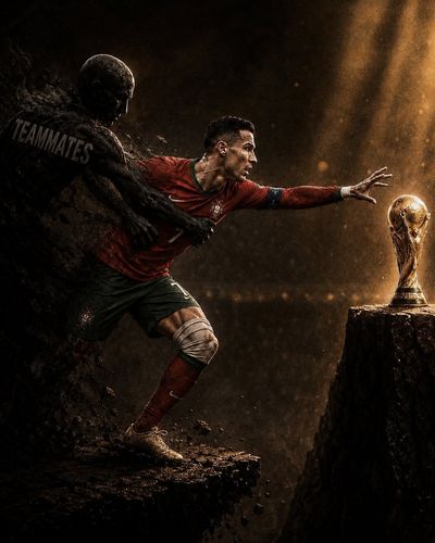 Football captain reaches for trophy as shadow creature grips him