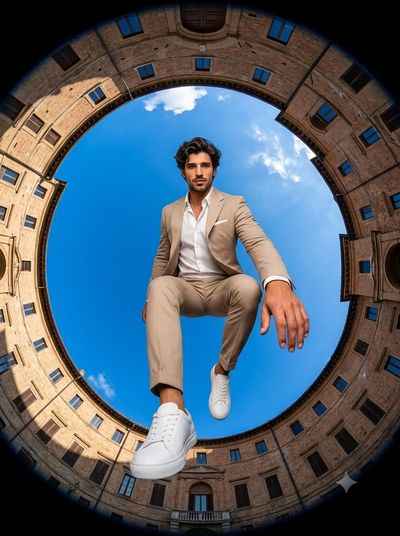 A jumper floats high above a fisheye lens in a circular brick courtyard.