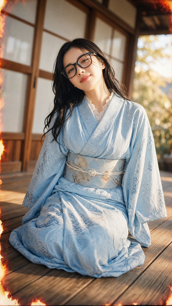 Sunlit yukata woman with bold glasses on wooden veranda