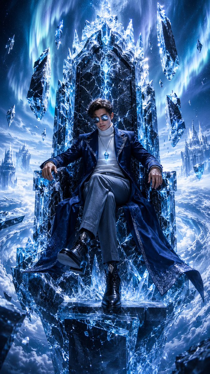 Frozen emperor sits calmly on glacier throne above storm