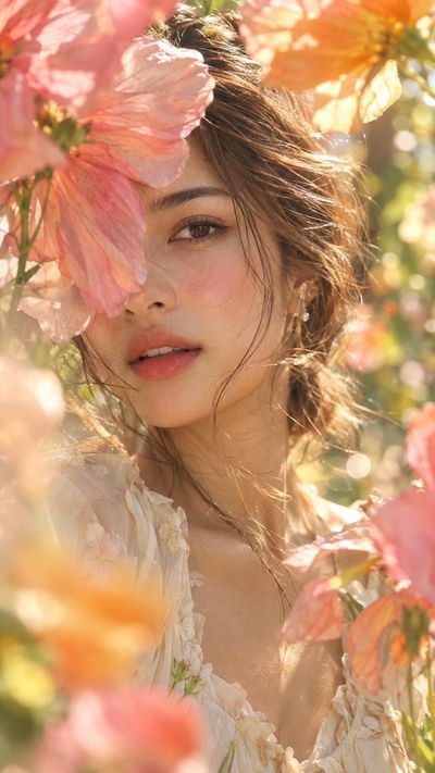 Dreamy Woman Gazing Through Translucent Petals in Sunlit Garden