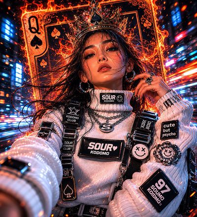 A cyberpunk queen takes a fierce selfie amid neon city flames