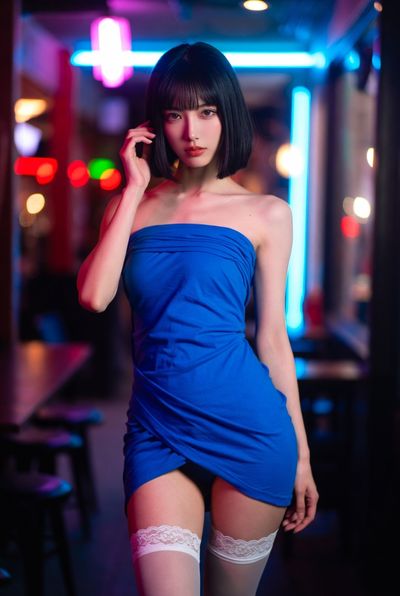 A seductive woman in blue kimono poses at a café