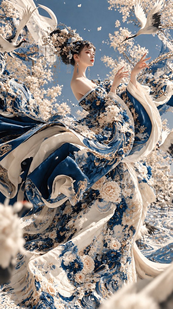 Celestial Maiden in Sapphire Hanfu Dances Among Cherry Blossoms