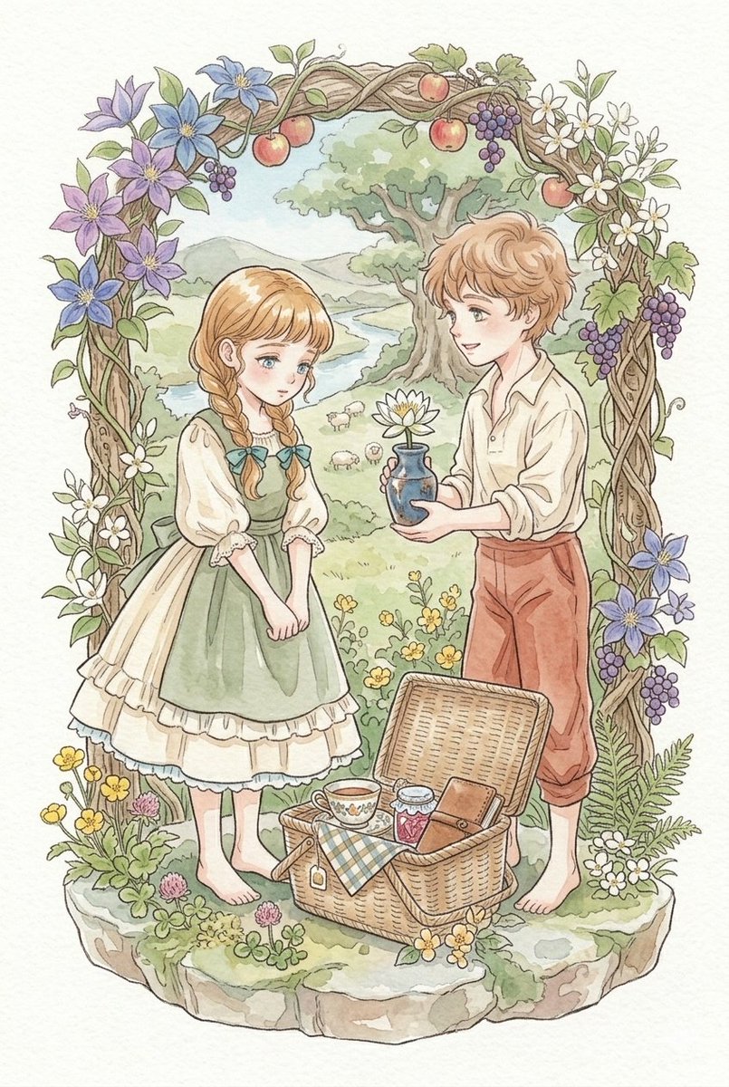 A boy offers a flower to a girl in a rustic archway