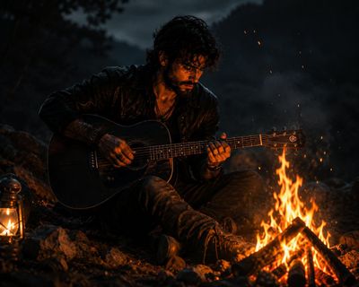 A bearded guitarist plays a vintage acoustic by a campfire