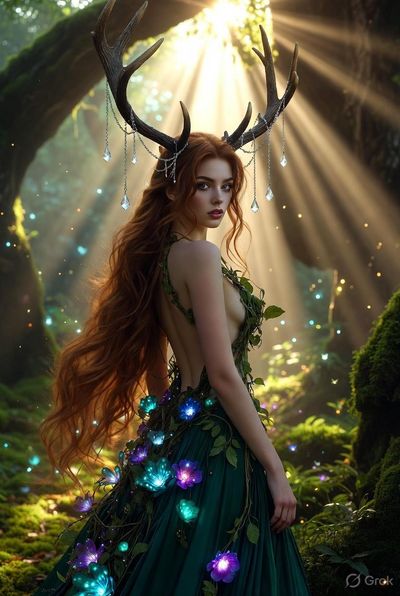 Enchanting forest woman with glowing antlers gazes confidently