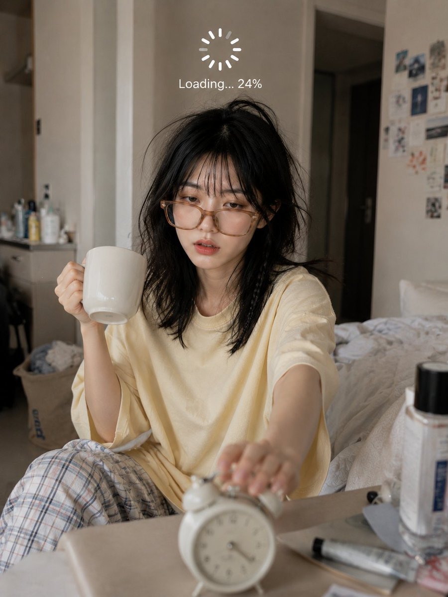 Sleepy student buffering at 24 percent before morning coffee