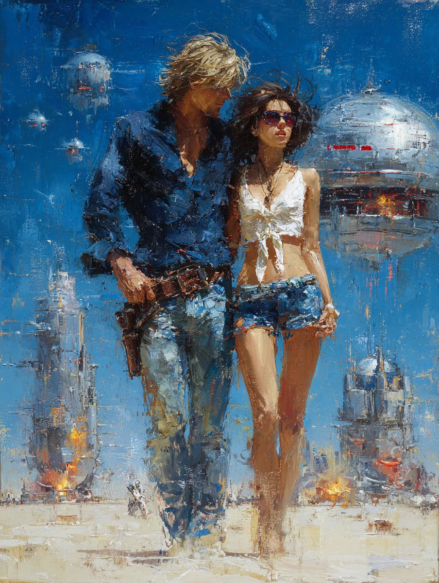 Impassioned Couple Stands Amidst Fiery Desert Ruins Under Metallic Sky