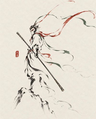 Ink lines trace a portrait with minimal Eastern brushwork