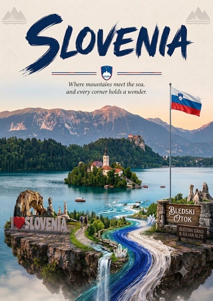 Slovenia's Lake Bled and Triglav glow under a golden sunset