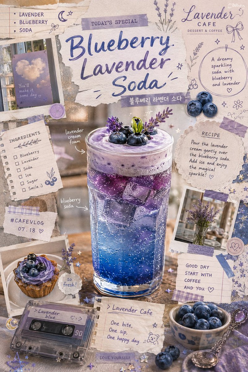 A sparkling blueberry lavender soda sits on a vintage scrapbook poster