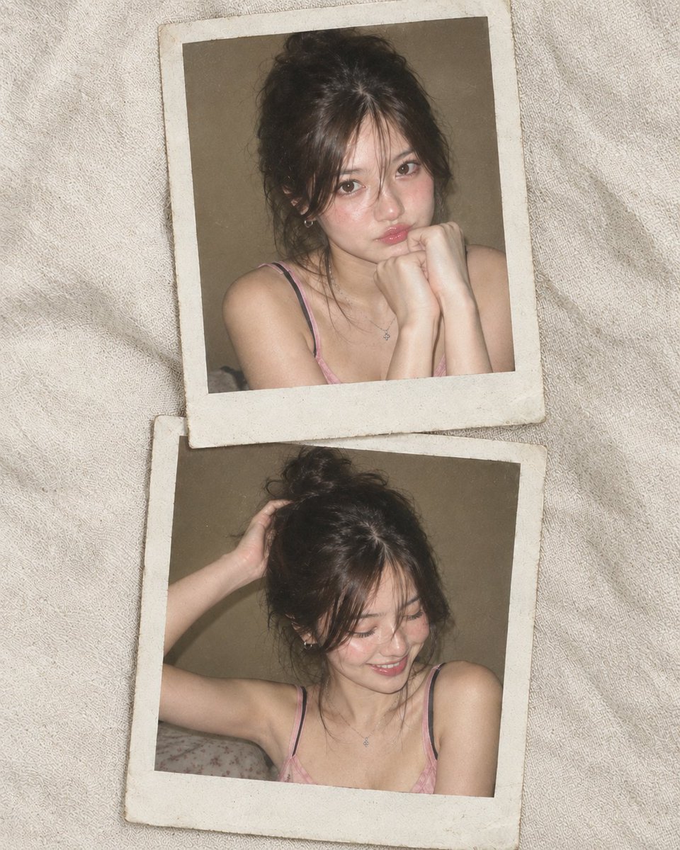 Two Polaroid Portraits Capture Playful Young Woman in Pink Camisole