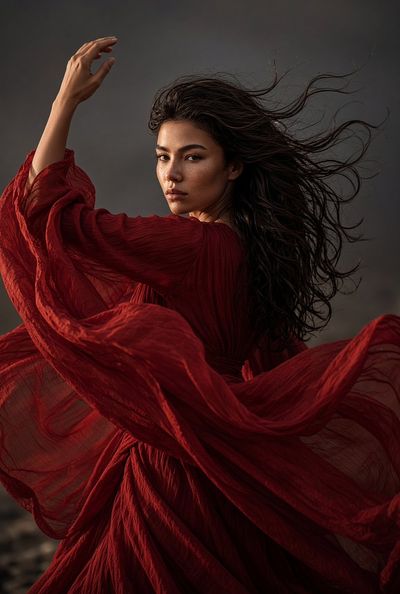 Crimson Gown Drapes Elegantly on Woman in Studio Portrait