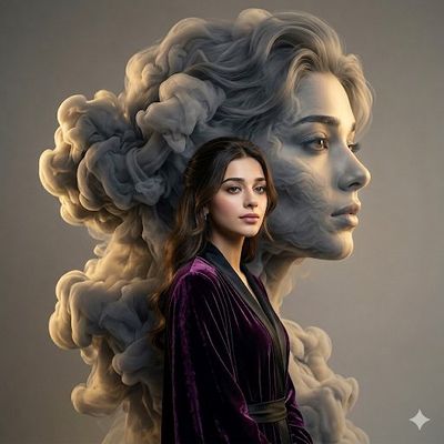 Elegant model stands before a giant smoke profile silhouette