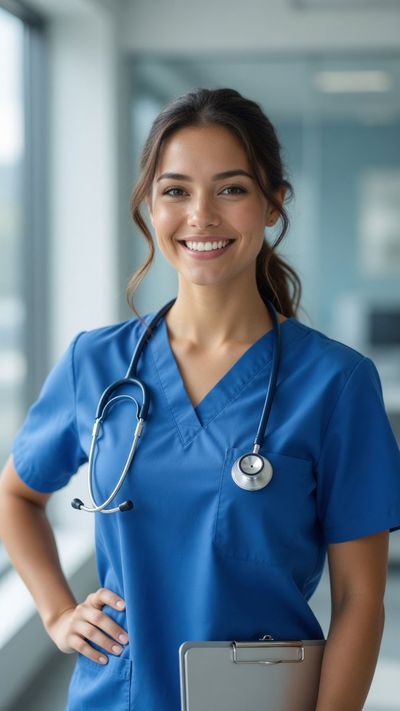 A smiling nurse in blue scrubs holds a clipboard confidently.