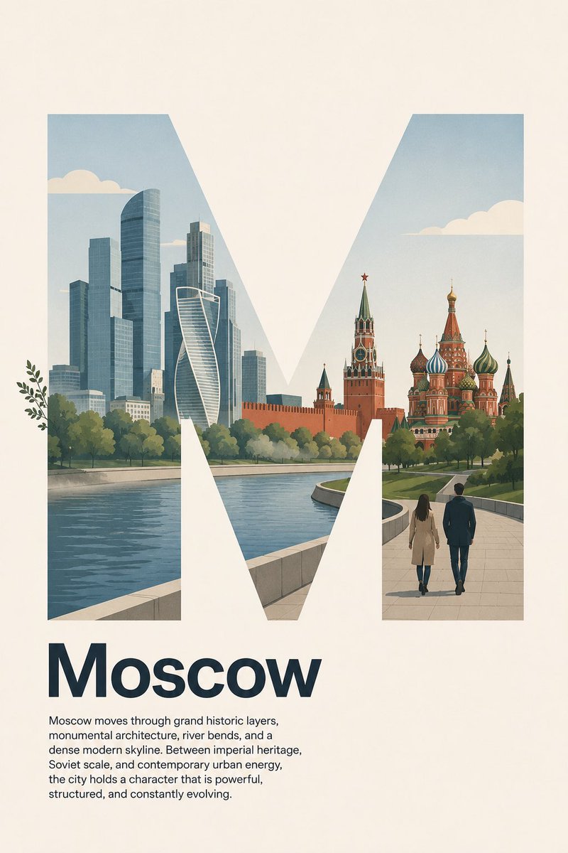 Bold geometric M frames Moscow cityscape in Swiss poster