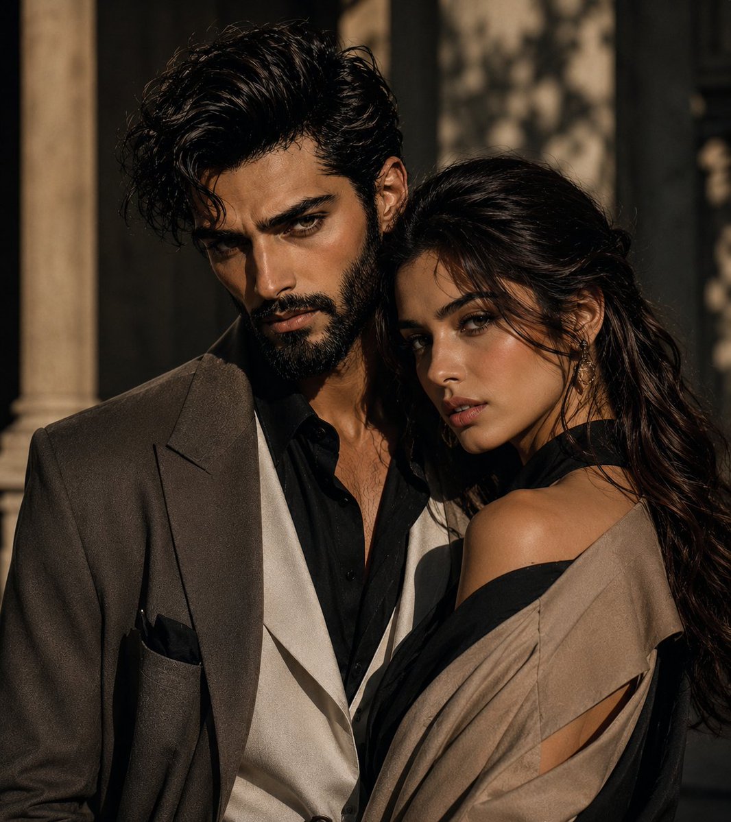 Elegant couple shares a tender moment in golden sunlight