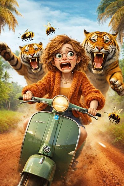 Fleeing Fear: Girl Racing Tigers on a Dusty Jungle Path
