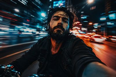 A bearded man rides through neon-lit city streets at night