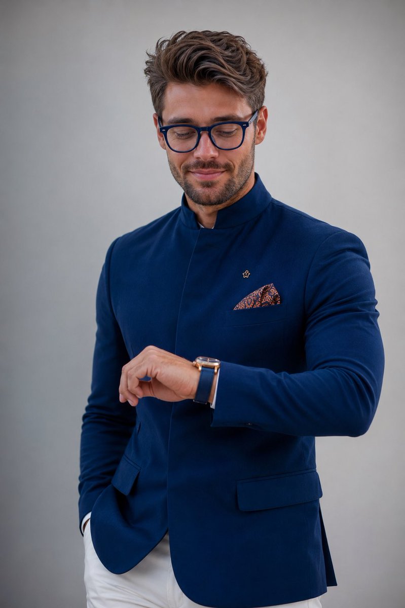 A sharp fade haircut frames a man checking a cobalt blue watch.