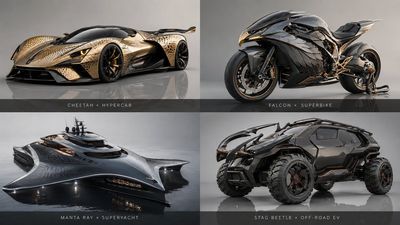 A sleek shark-inspired supercar glides through a futuristic cityscape at dusk.