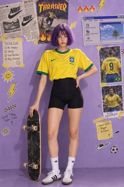 Violet-Haired Model Poses with Skateboard in Yellow Jersey