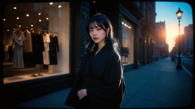 Elegant Japanese model poses in black kimono on Manhattan street