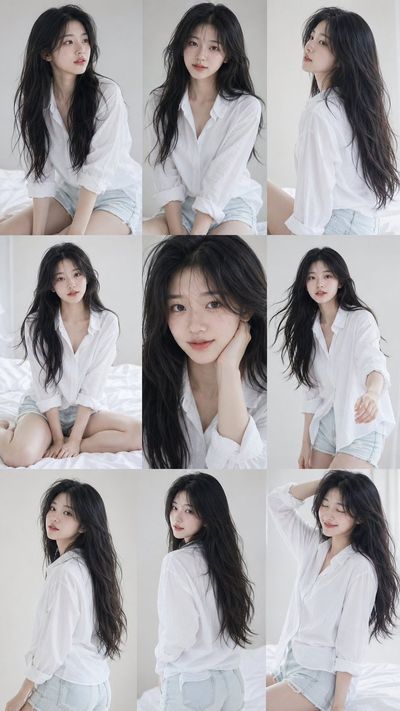Korean idol poses in nine frames with soft window light