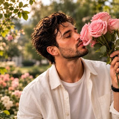 Young man closes his eyes to smell pink roses in a sunny garden