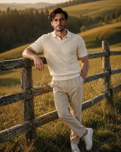 Man in cream knit polo leans against rustic fence in golden meadow