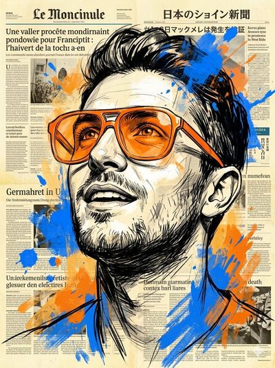 A man in orange glasses gazes upward with childlike wonder
