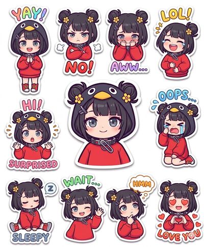 Chibi Girl Gugugaga: 10 Expressive Sticker Poses in Vibrant Kawaii Style