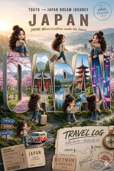 Tiny chibi travelers explore giant Japan letters in dreamy landscape