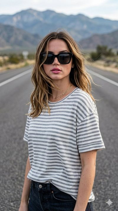 Woman in oversized shirt poses on empty highway with mountains