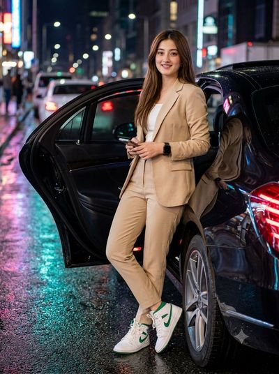 South Asian woman leans on luxury sedan in neon night rain