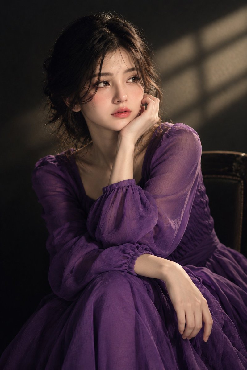 Purple Dress Woman Bathed in Window's Geometric Light