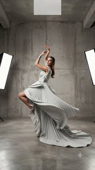Graceful model in architectural pleated gown poses in concrete studio