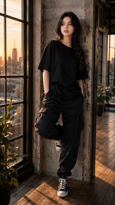 A woman leans against a concrete wall in golden sunset light