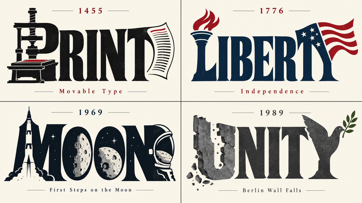 Typography Morphs Into Symbols Across Four Historic Years Grid
