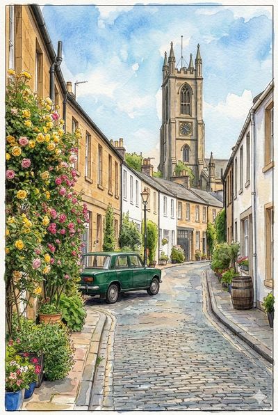 Golden sunlight illuminates Circus Lane's cobblestones and climbing roses.