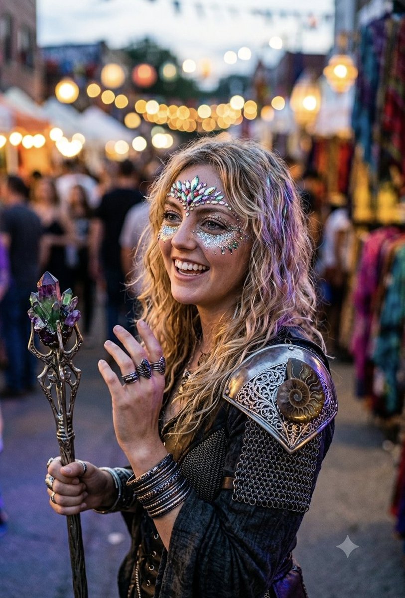 A cheerful woman with purple hair holds a glowing crystal staff at a festival