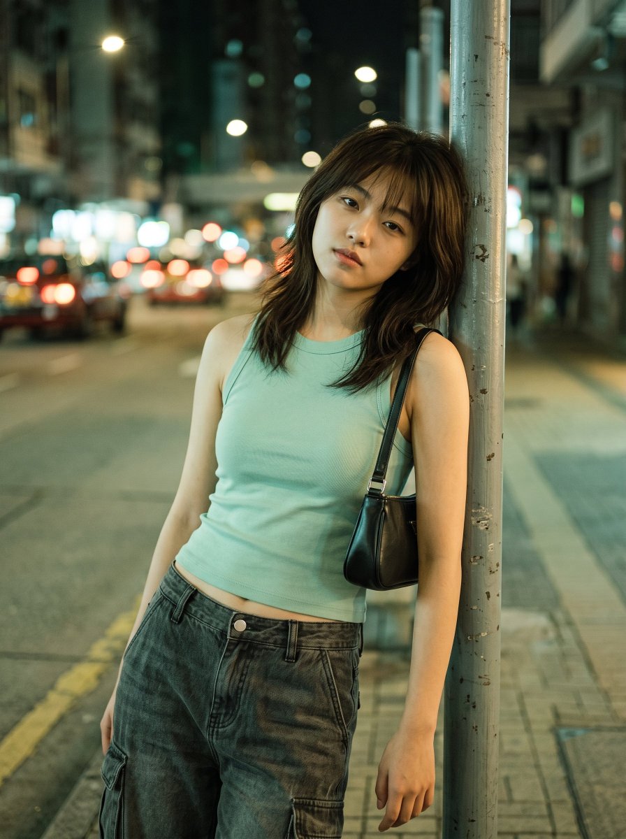 Woman in Mint Tank Leans on Lamppost at Night
