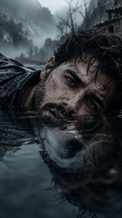 A woman's half-submerged face reflects hauntingly in a cold lake